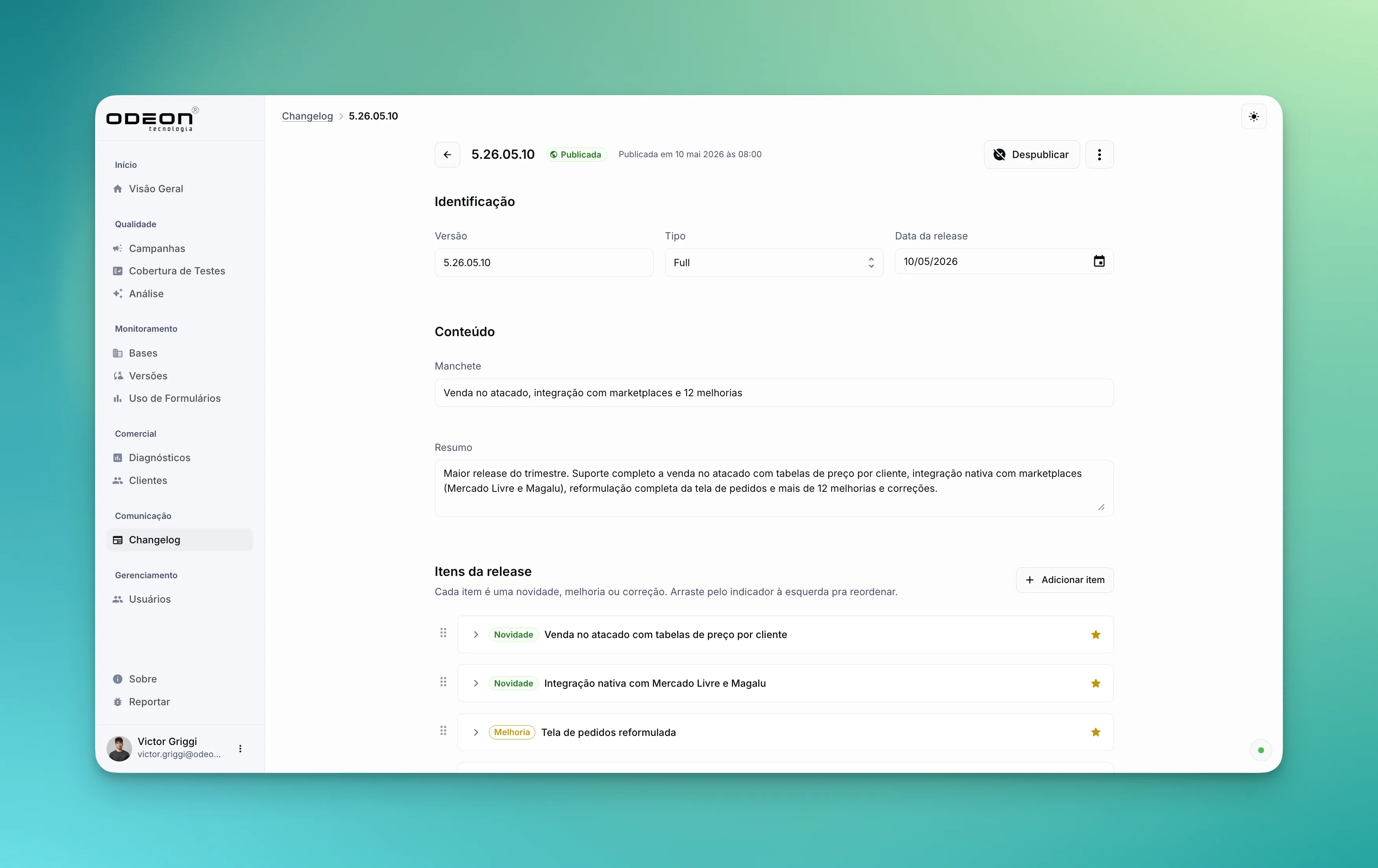 Editor de release notes do ERP